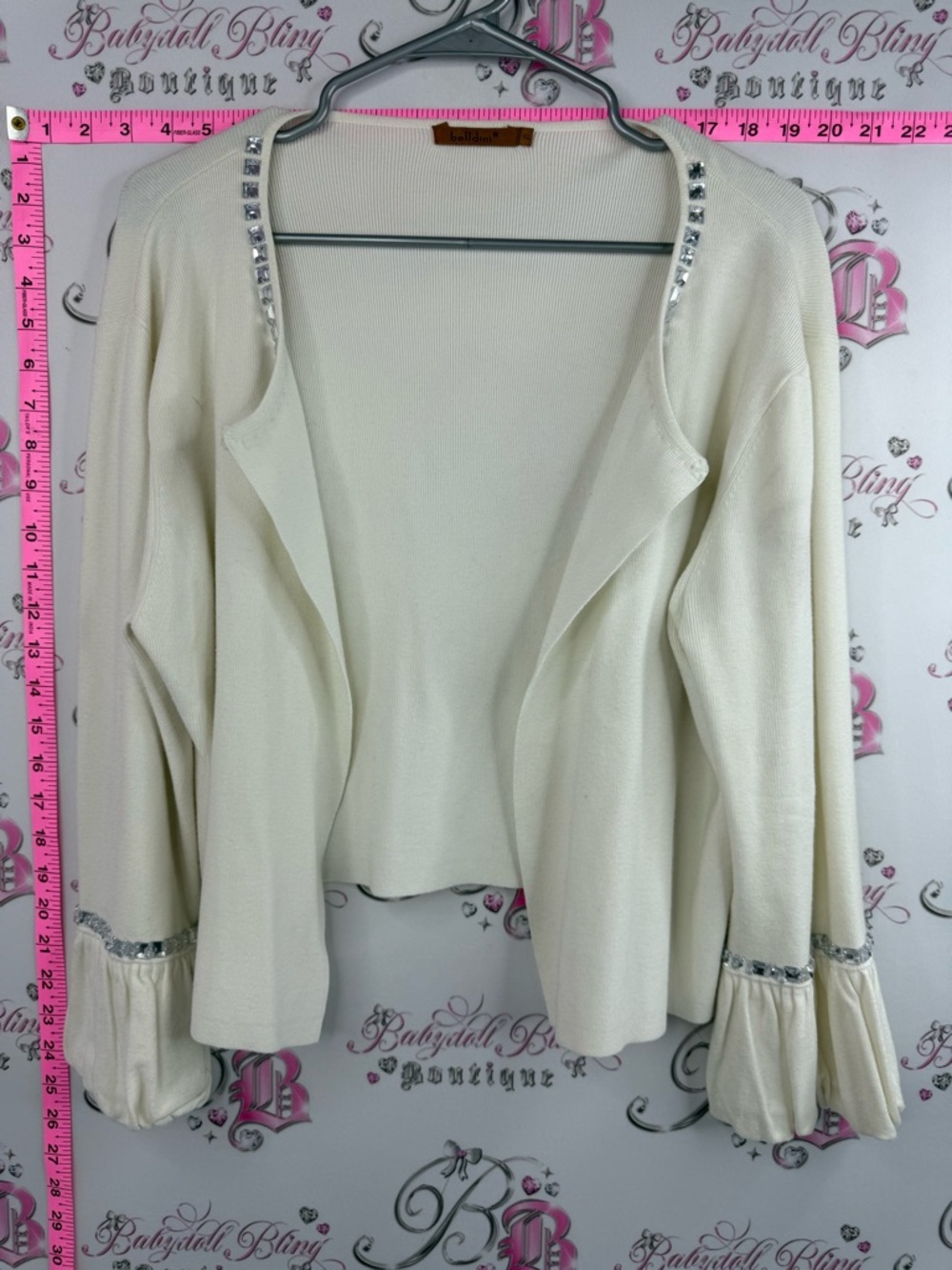 Belldini cardigan jewels crystals cream Open-Front Cardigan with Rhinestone Trim